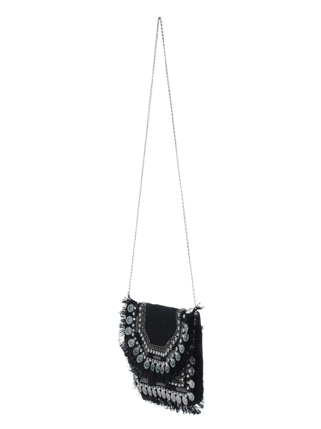 Women's Black Coin Embellished Jute Sling Bag - Priyaasi