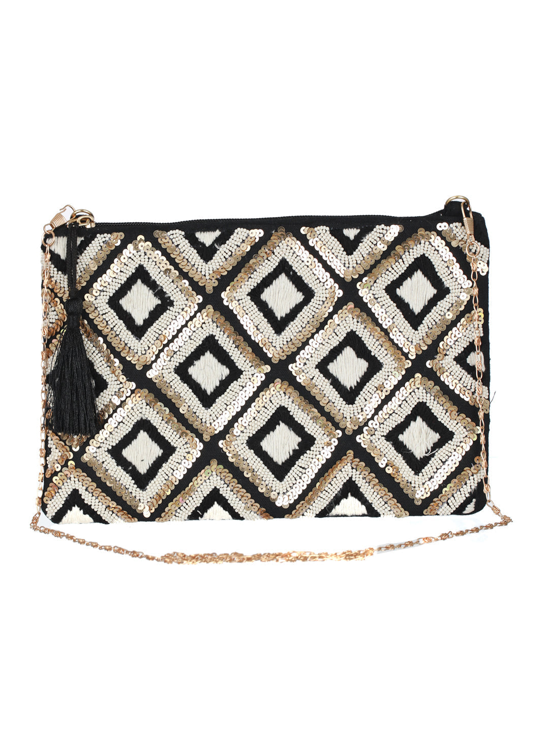 Women's Black & Beige Embellished Sling Bag - Priyaasi