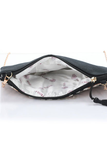 Women's Black & Beige Embellished Sling Bag - Priyaasi