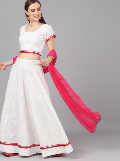 Women's White Striped Lehenga Choli With Dupatta