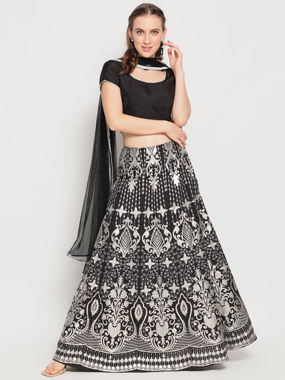 Women's Black Foil Print Lehenga Choli With Dupatta