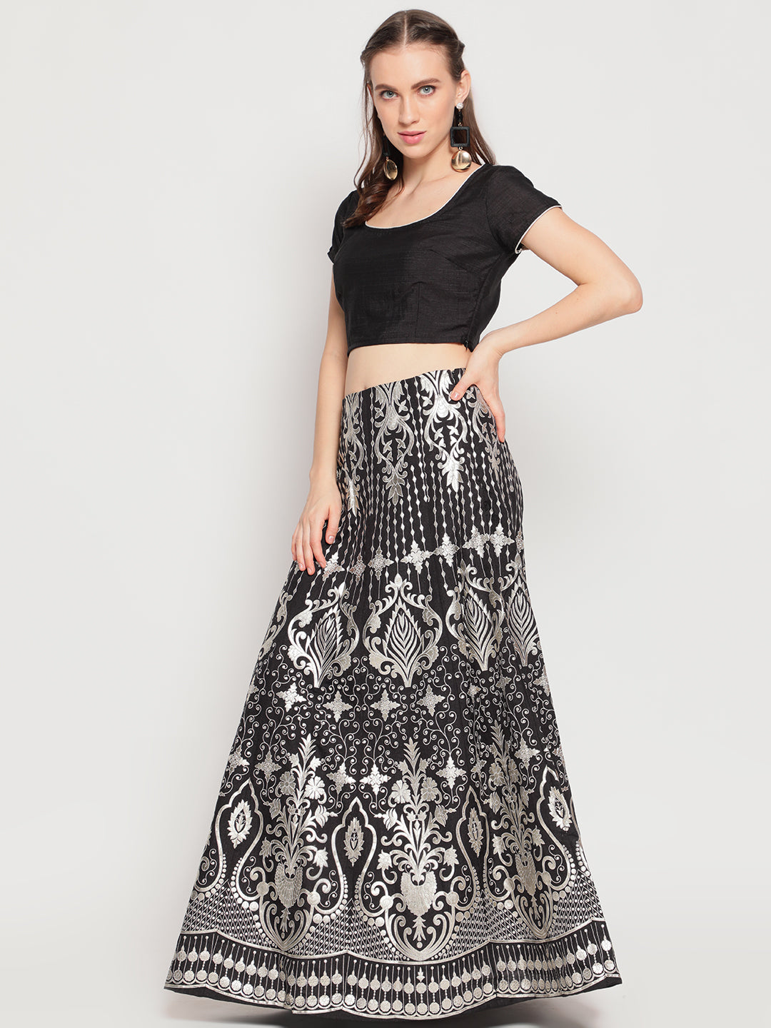 Women's Black Foil Print Lehenga Choli With Dupatta