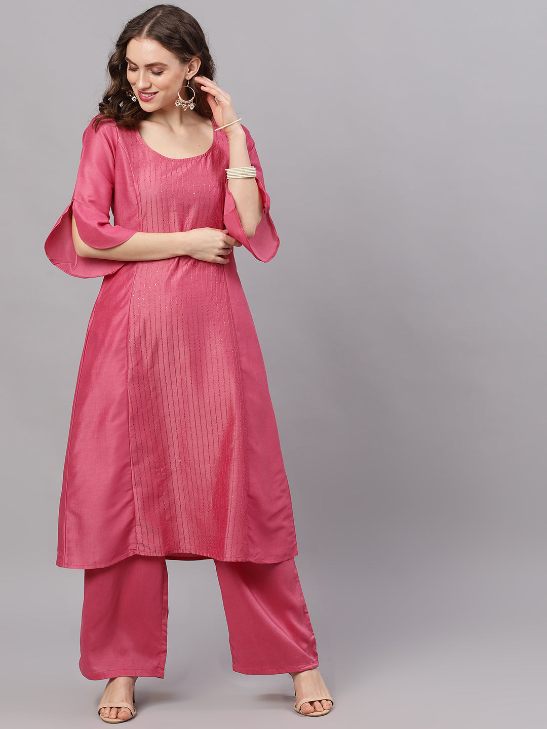 Women's Pink Scoop-Neck A-Line Kurta Set