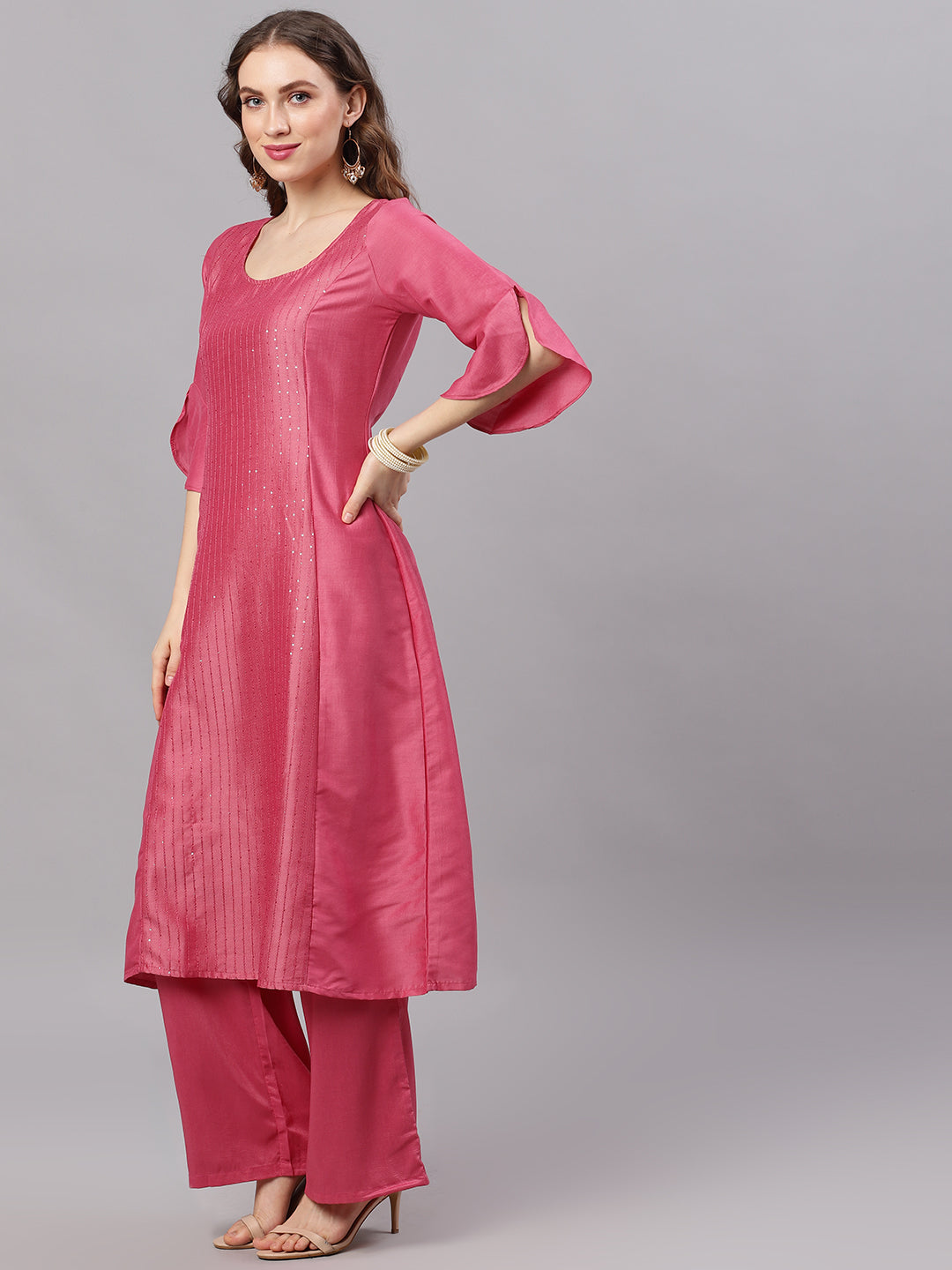 Women's Pink Scoop-Neck A-Line Kurta Set