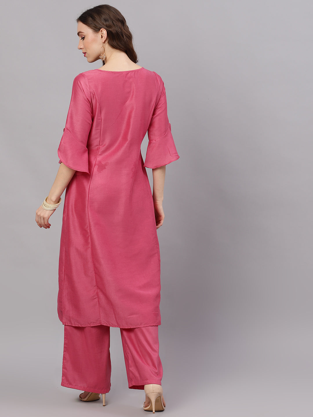 Women's Pink Scoop-Neck A-Line Kurta Set