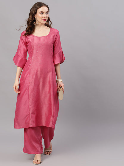 Women's Pink Scoop-Neck A-Line Kurta Set