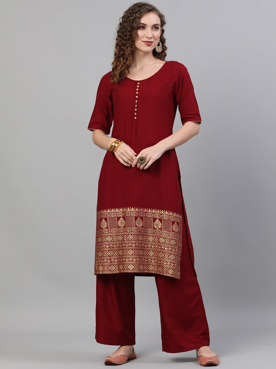 Women's Maroon Gold Printed Kurta With Palazzo