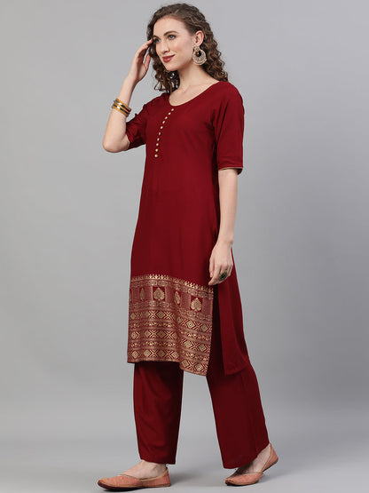 Women's Maroon Gold Printed Kurta With Palazzo