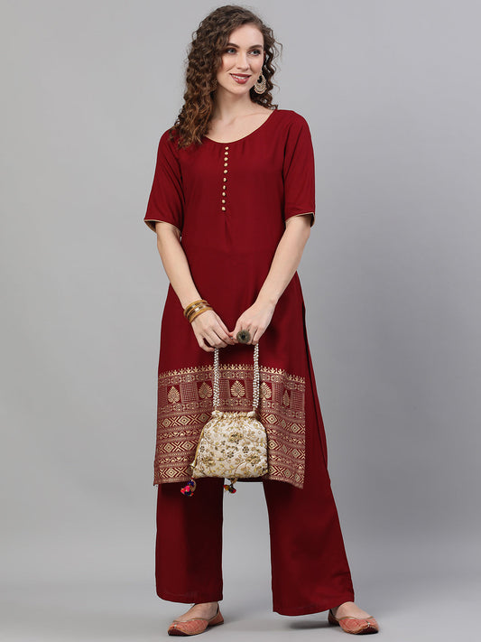 Women's Maroon Gold Printed Kurta With Palazzo