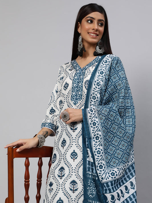 Women's White Printed Kurta Palazzo With Dupatta