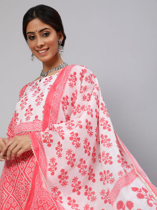 Women's Pink Bandhani Print Kurta Pant With Dupatta