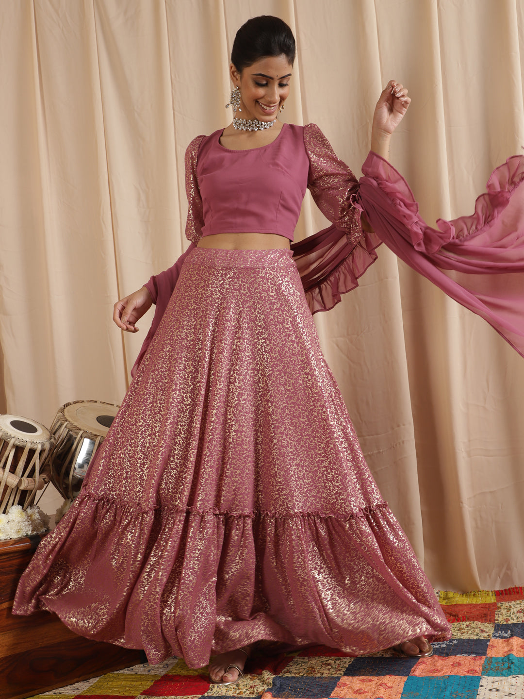 Women's Mauve Gold Foil Printed Lehenga Choli With Ruffle Dupatta