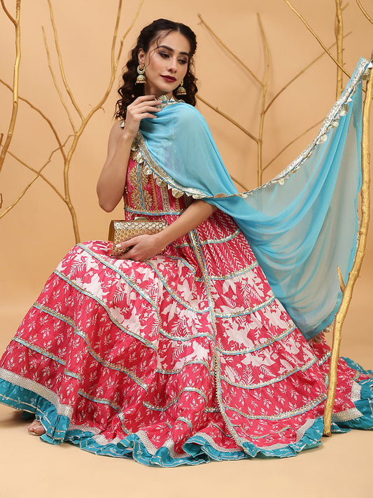 Women's Pink Printed Anarkali Sharara With Dupatta