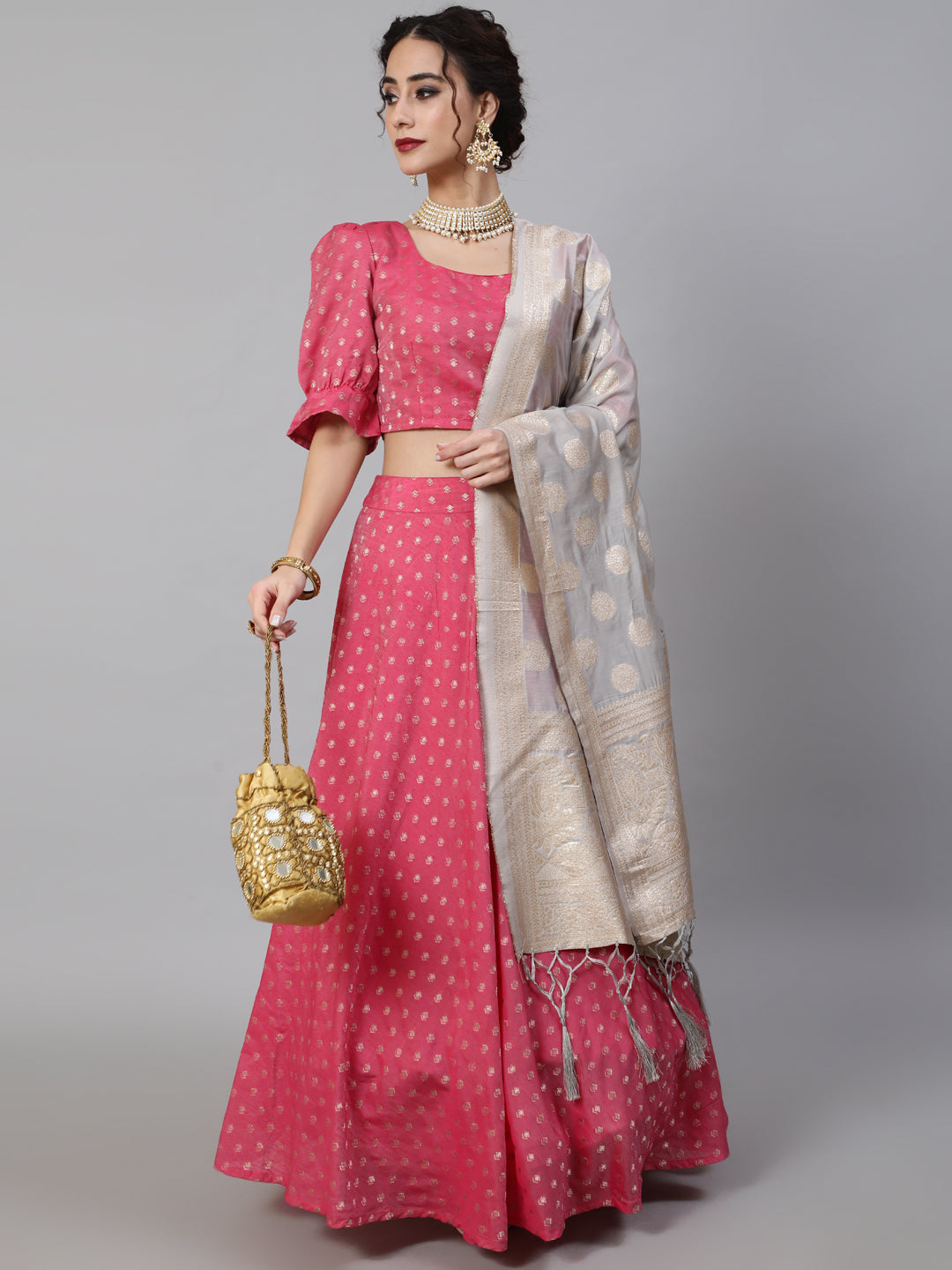 Women's Pink Dobby Designed Lehenga Choli With Dupatta