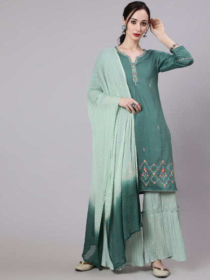 Women's Green Embellished Straight Kurta Sharara With Dupatta