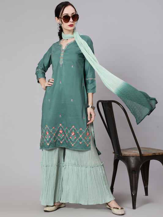 Women's Green Embellished Straight Kurta Sharara With Dupatta