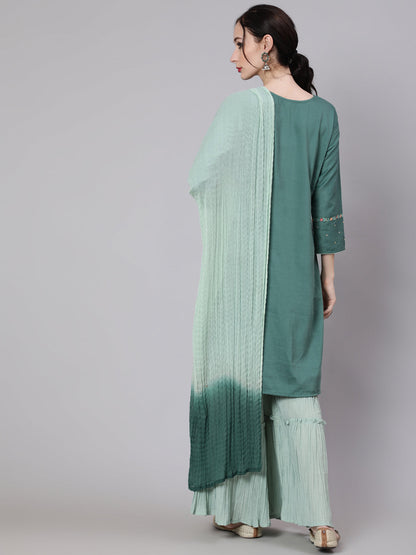 Women's Green Embellished Straight Kurta Sharara With Dupatta