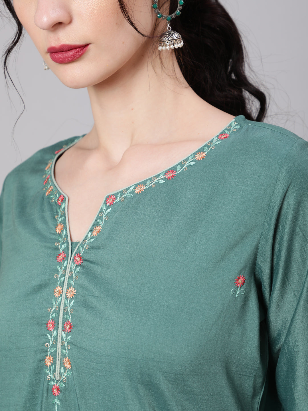 Women's Green Embellished Straight Kurta Sharara With Dupatta