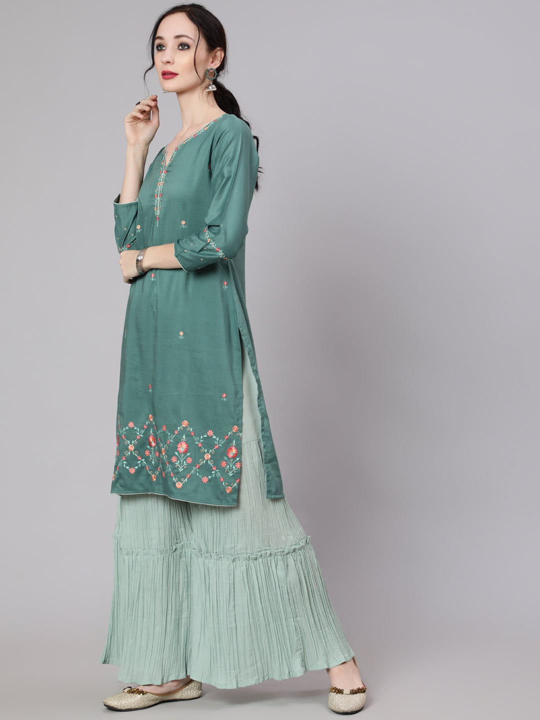 Women's Green Embellished Straight Kurta Sharara With Dupatta