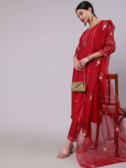 Women's Red Embroidered A-Line Kurta Pant With Dupatta