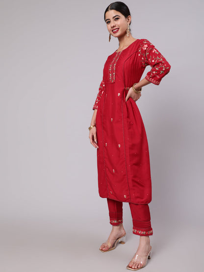 Women's Red Embroidered A-Line Kurta Pant With Dupatta