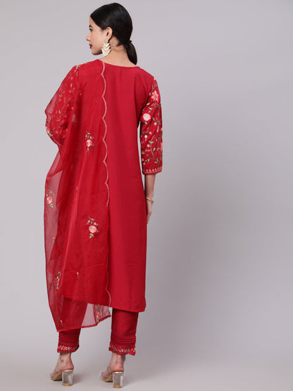 Women's Red Embroidered A-Line Kurta Pant With Dupatta