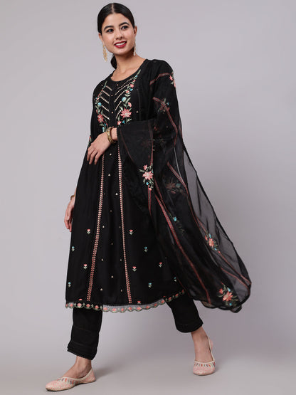 Women's Black Embroidered A-Line Kurta Pant With Dupatta