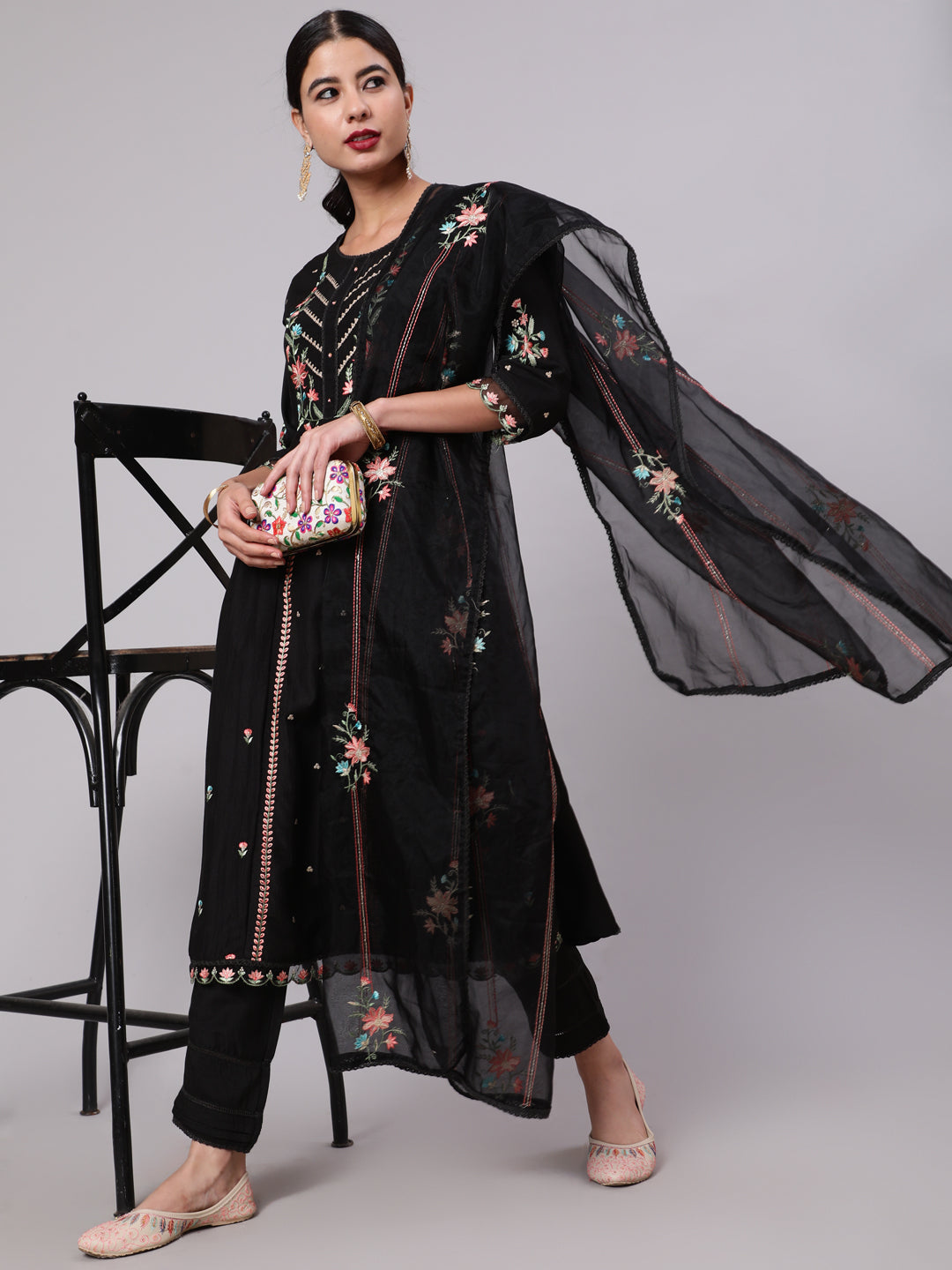 Women's Black Embroidered A-Line Kurta Pant With Dupatta