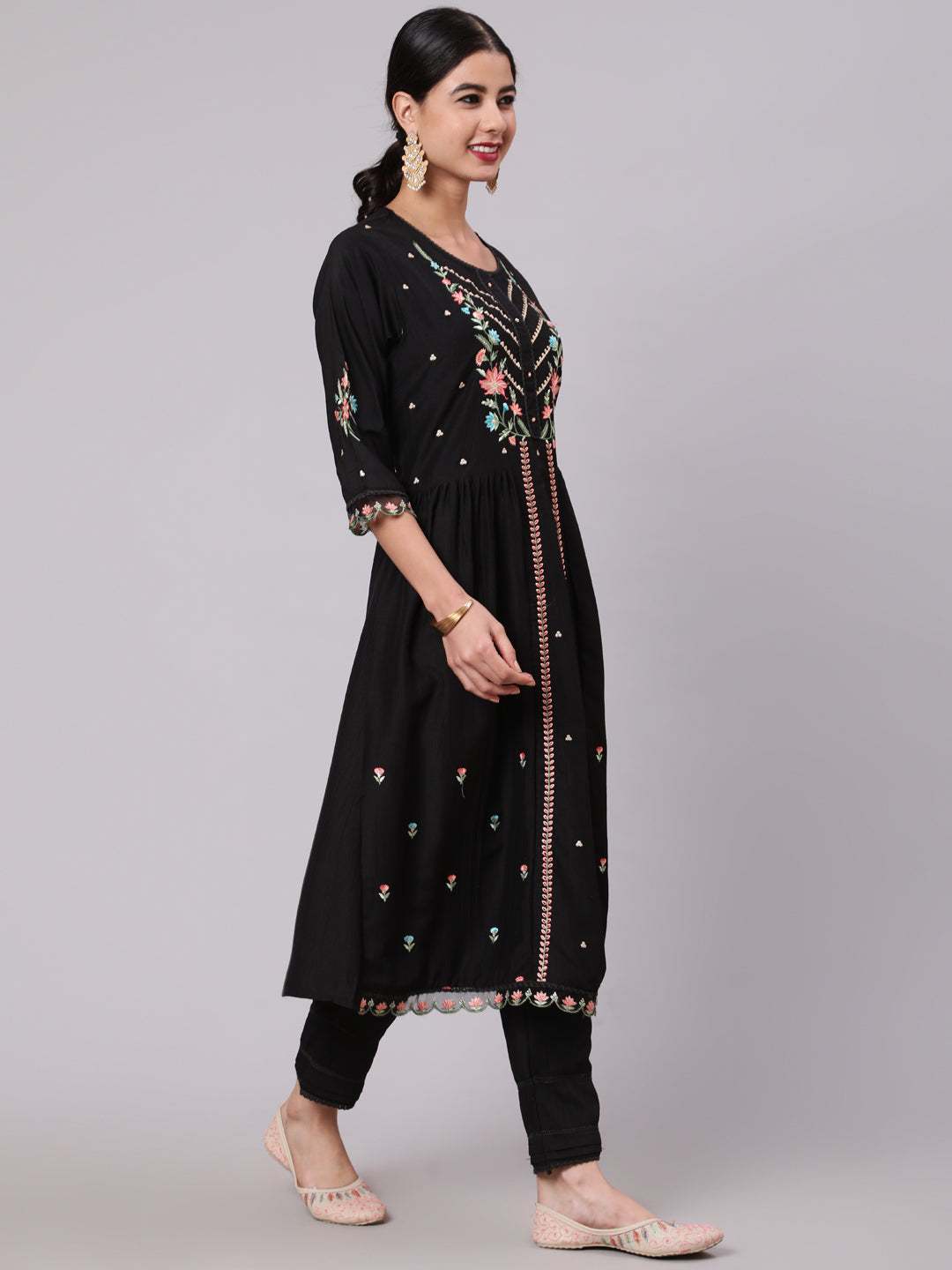 Women's Black Embroidered A-Line Kurta Pant With Dupatta