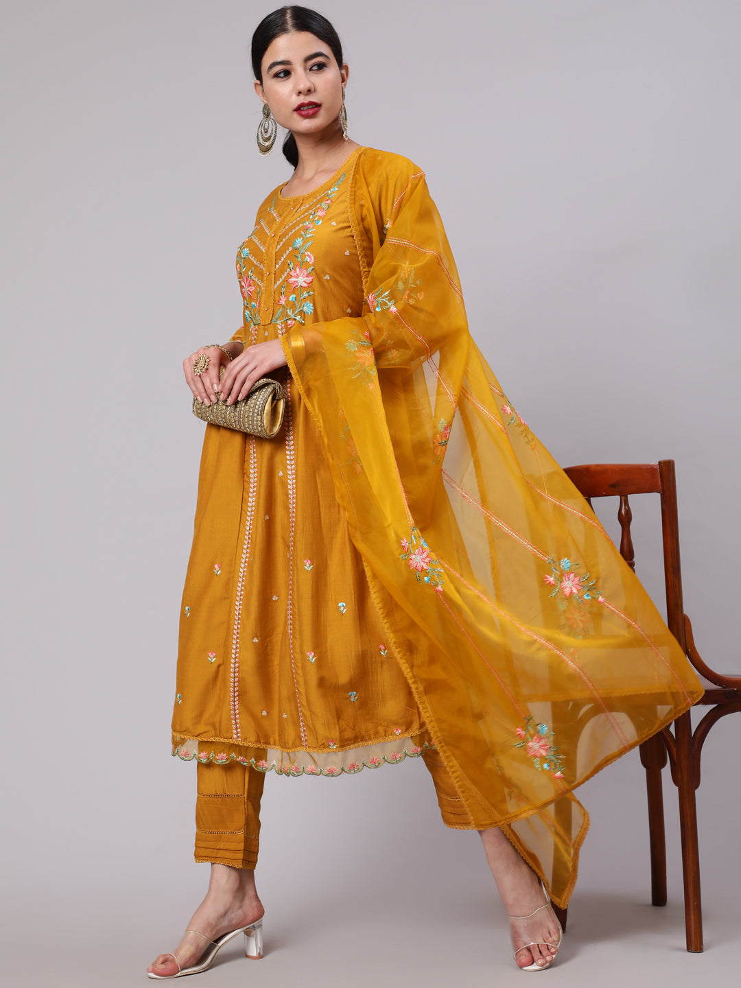 Women's Mustard Embroidered A-Line Kurta Pant With Dupatta