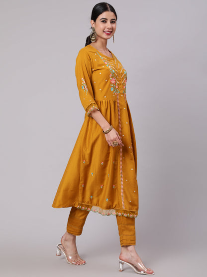 Women's Mustard Embroidered A-Line Kurta Pant With Dupatta