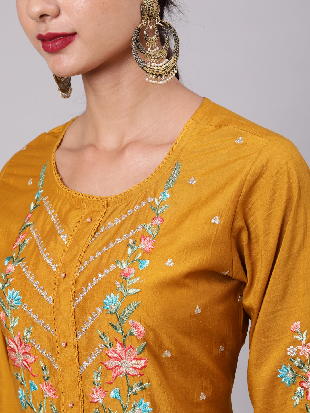 Women's Mustard Embroidered A-Line Kurta Pant With Dupatta