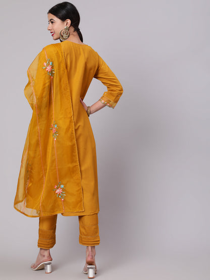 Women's Mustard Embroidered A-Line Kurta Pant With Dupatta