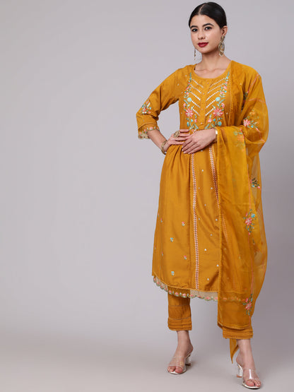 Women's Mustard Embroidered A-Line Kurta Pant With Dupatta