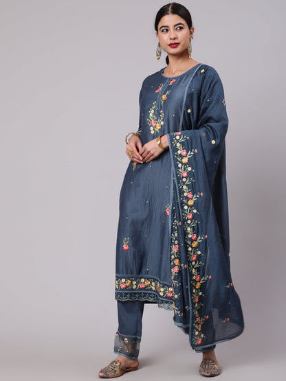 Women's Blue Embroidered Kurta Pant With Dupatta