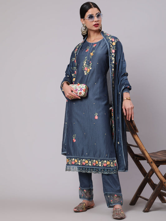 Women's Blue Embroidered Kurta Pant With Dupatta