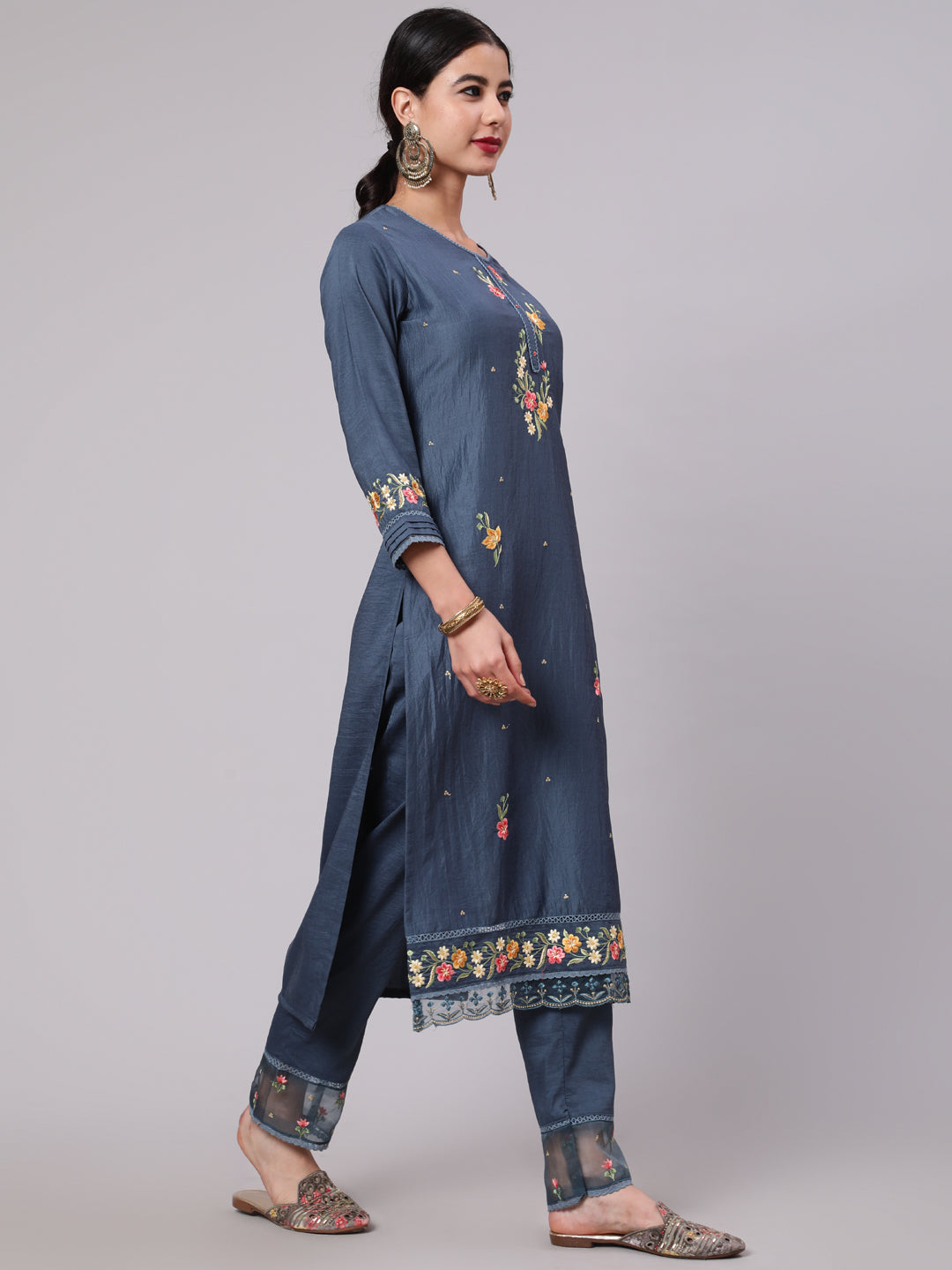 Women's Blue Embroidered Kurta Pant With Dupatta