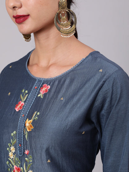 Women's Blue Embroidered Kurta Pant With Dupatta