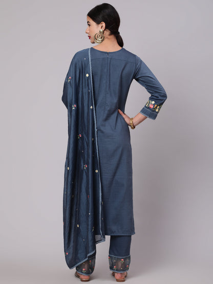 Women's Blue Embroidered Kurta Pant With Dupatta