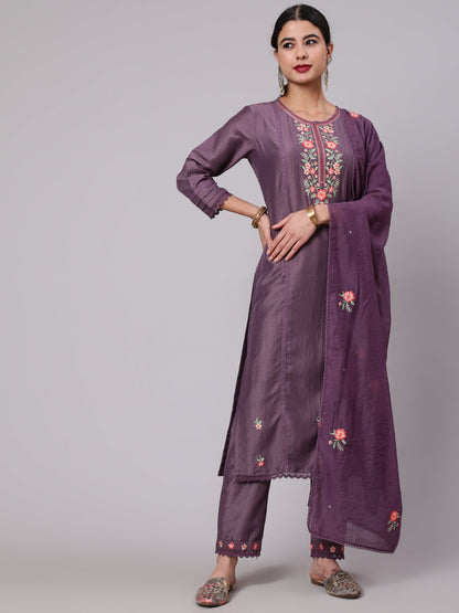 Women's Purple Embroidered Kurta Pant With Dupatta