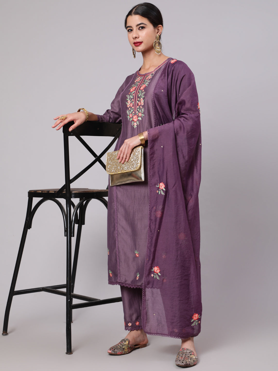 Women's Purple Embroidered Kurta Pant With Dupatta