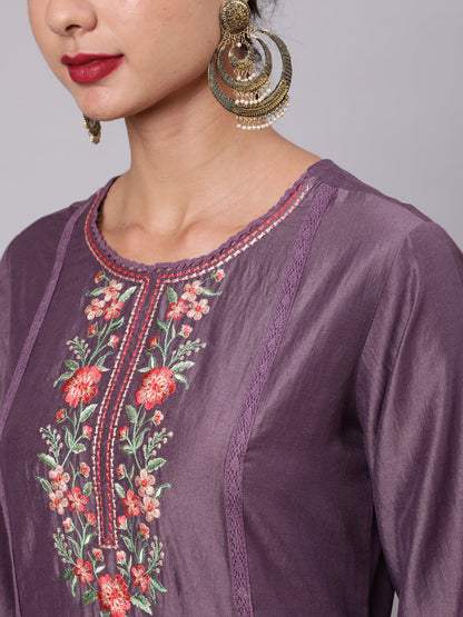 Women's Purple Embroidered Kurta Pant With Dupatta