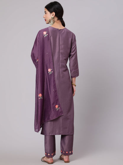 Women's Purple Embroidered Kurta Pant With Dupatta