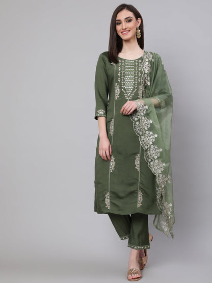 Women's Green Embroidered Kurta Pant With Dupatta