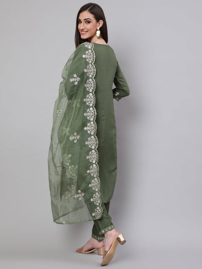 Women's Green Embroidered Kurta Pant With Dupatta