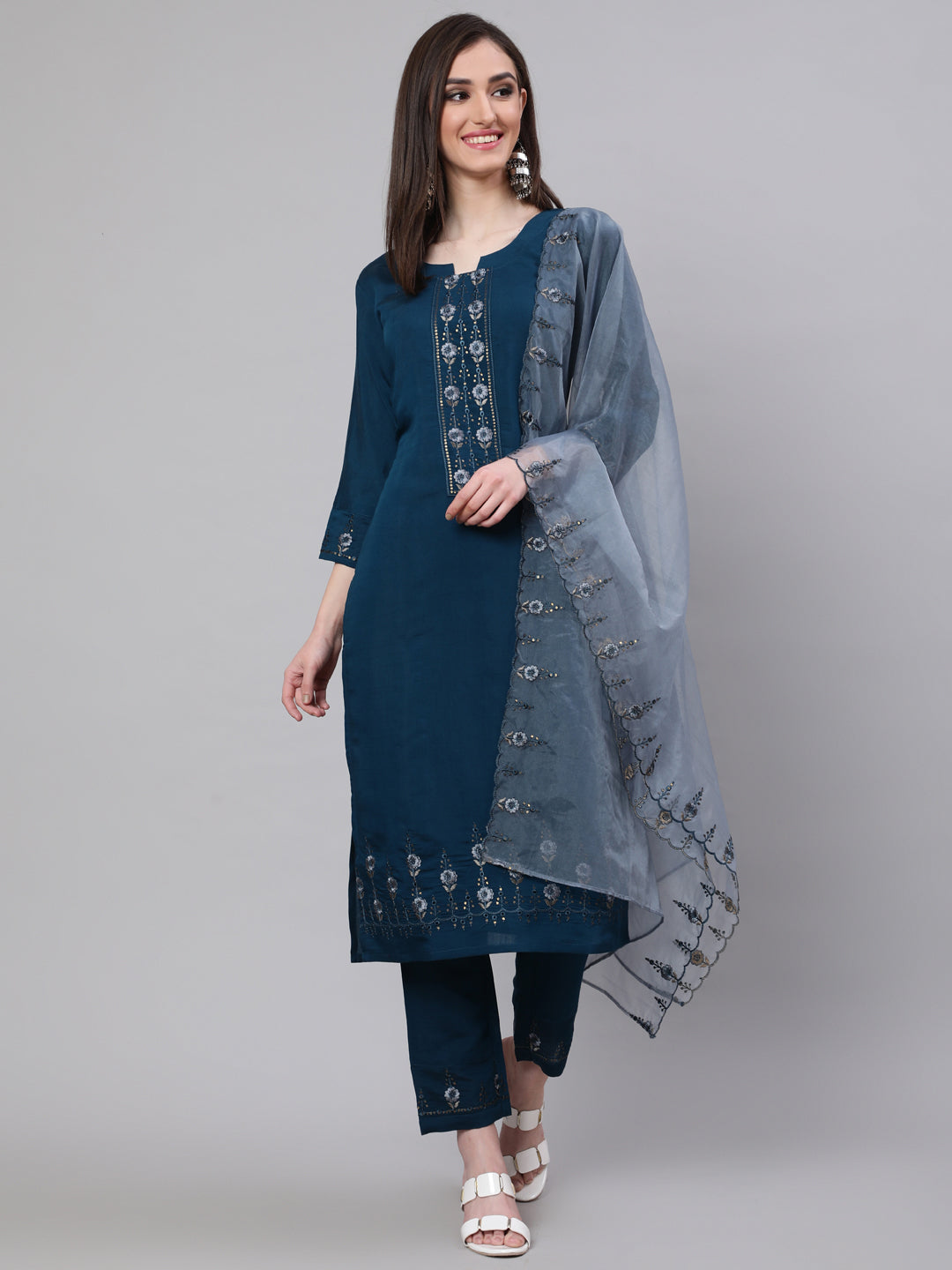 Women's Blue Embroidered Kurta Pant With Dupatta