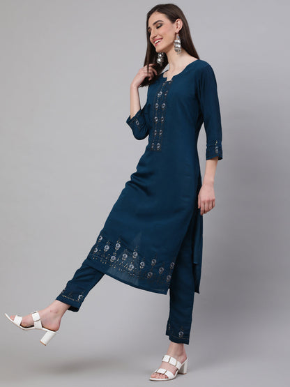 Women's Blue Embroidered Kurta Pant With Dupatta