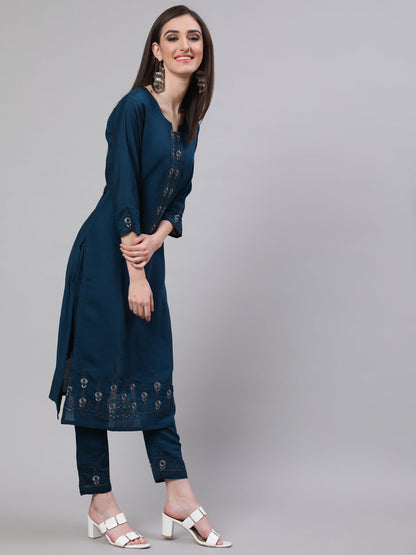 Women's Blue Embroidered Kurta Pant With Dupatta