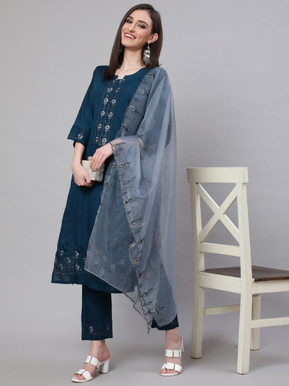 Women's Blue Embroidered Kurta Pant With Dupatta