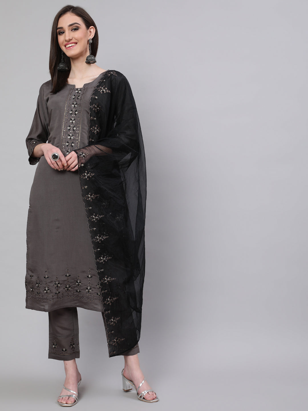 Women's Grey Embroidered Kurta Pant With Dupatta